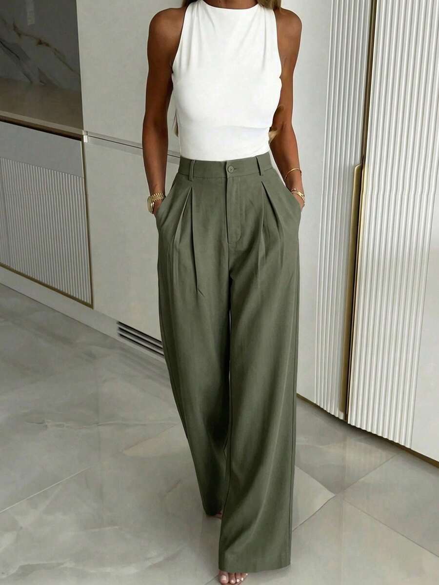 Women's Buckle Waist Wide Leg Trousers, Tailored Dress Pants for Work Office - Army Green