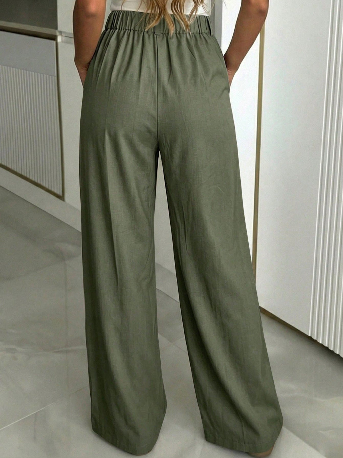 Women's Buckle Waist Wide Leg Trousers, Tailored Dress Pants for Work Office - Black