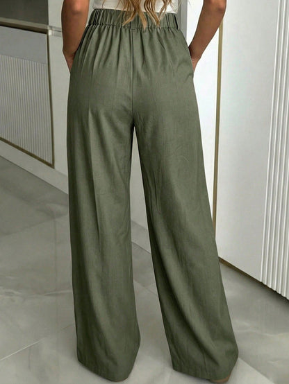 Women's Buckle Waist Wide Leg Trousers, Tailored Dress Pants for Work Office - Black