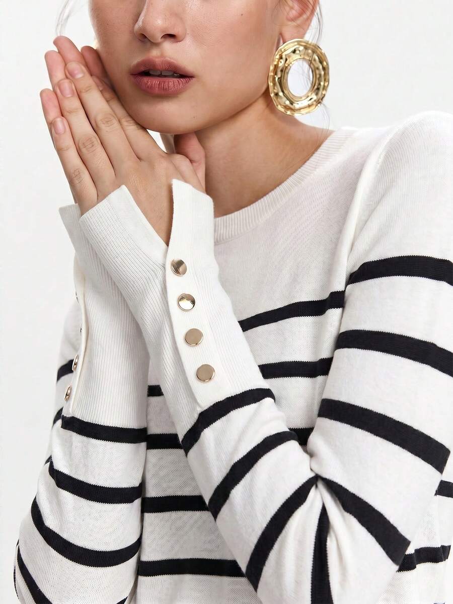 Women's Fine Knit Sweater with Button Cuffs, Lightweight Pullover for Fall Work Casual - Beige