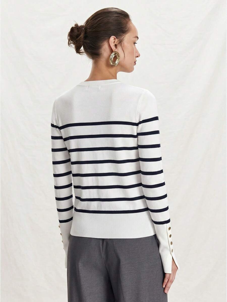 Women's Fine Knit Sweater with Button Cuffs, Lightweight Pullover for Fall Work Casual - Beige