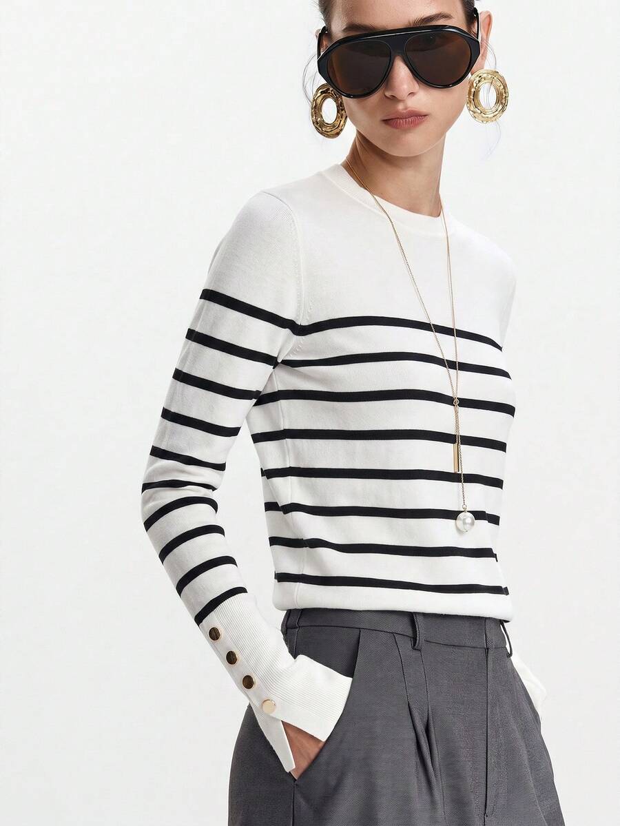 Women's Fine Knit Sweater with Button Cuffs, Lightweight Pullover for Fall Work Casual - Beige
