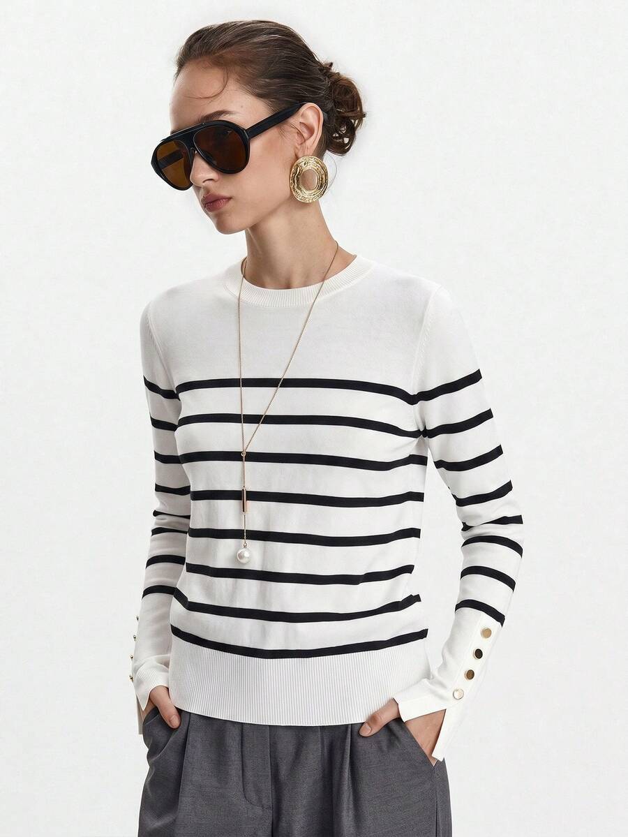 Women's Fine Knit Sweater with Button Cuffs, Lightweight Pullover for Fall Work Casual - Beige