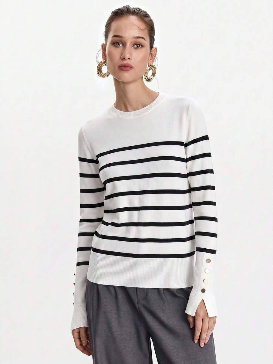 Women's Fine Knit Sweater with Button Cuffs, Lightweight Pullover for Fall Work Casual - Beige