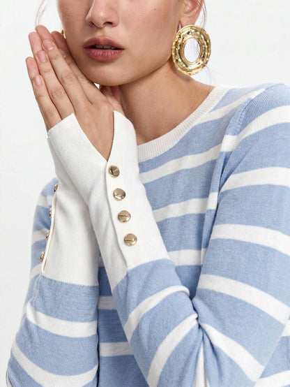 Women's Fine Knit Sweater with Button Cuffs, Lightweight Pullover for Fall Work Casual - Beige