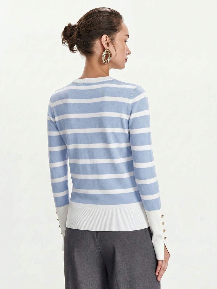 Women's Fine Knit Sweater with Button Cuffs, Lightweight Pullover for Fall Work Casual - Beige
