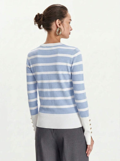 Women's Fine Knit Sweater with Button Cuffs, Lightweight Pullover for Fall Work Casual - Beige