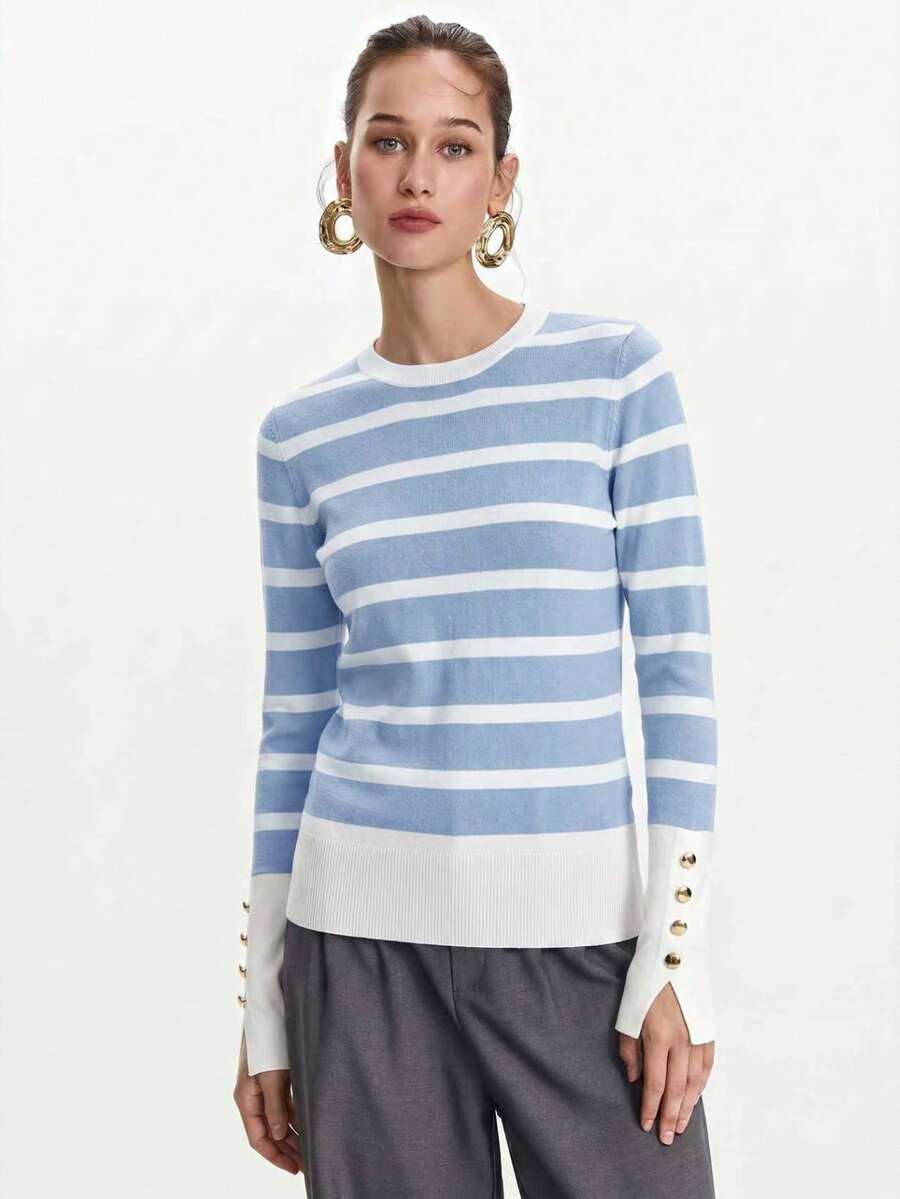 Women's Fine Knit Sweater with Button Cuffs, Lightweight Pullover for Fall Work Casual - Beige