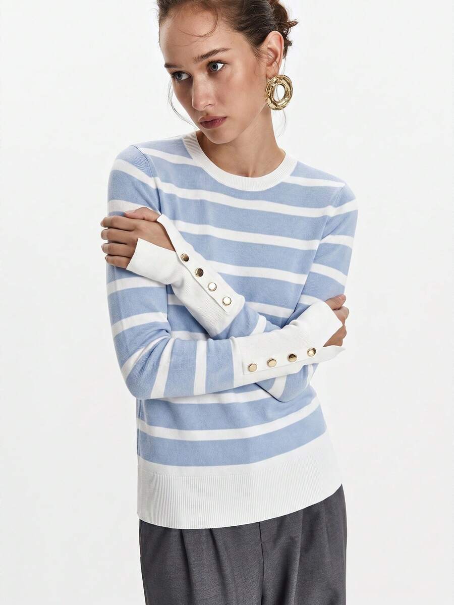 Women's Fine Knit Sweater with Button Cuffs, Lightweight Pullover for Fall Work Casual - Beige