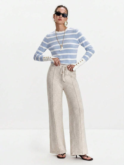 Women's Fine Knit Sweater with Button Cuffs, Lightweight Pullover for Fall Work Casual - Beige