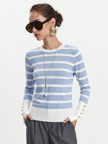 Women's Fine Knit Sweater with Button Cuffs, Lightweight Pullover for Fall Work Casual - Beige