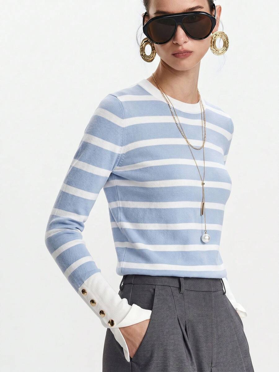 Women's Fine Knit Sweater with Button Cuffs, Lightweight Pullover for Fall Work Casual - Beige