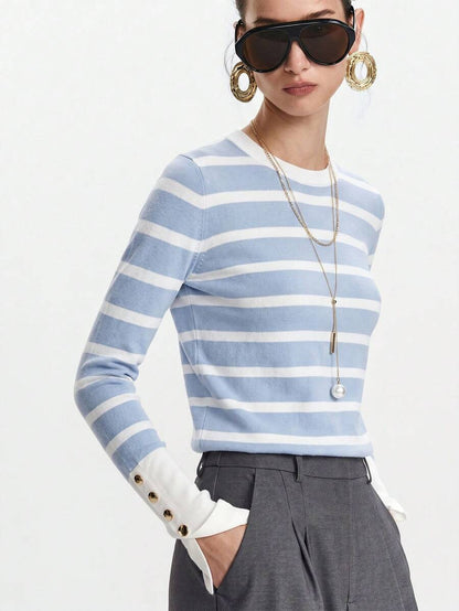 Women's Fine Knit Sweater with Button Cuffs, Lightweight Pullover for Fall Work Casual - Beige