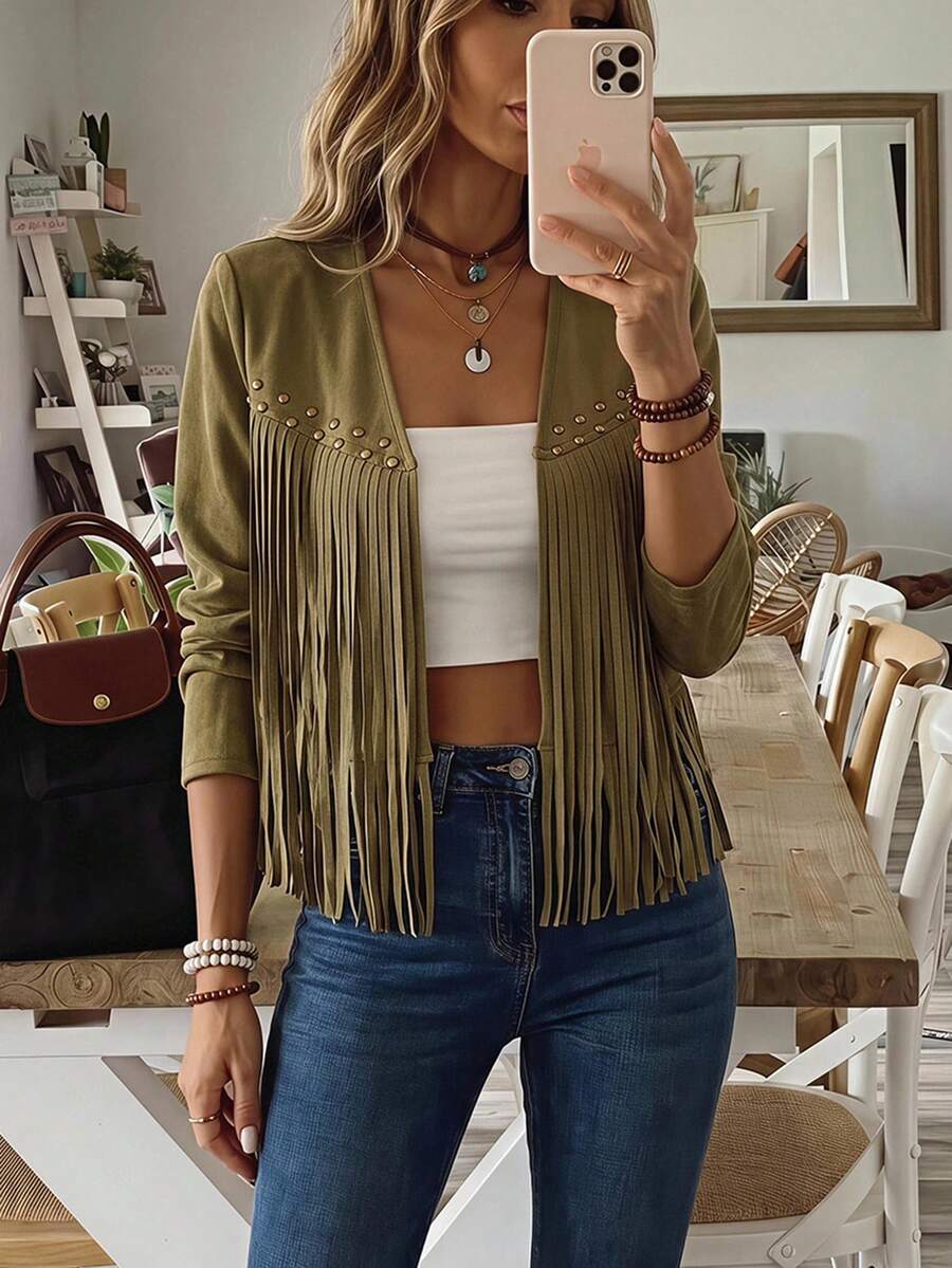 Evangeline Fringe Trim Open Front Crop Jacket - Brown