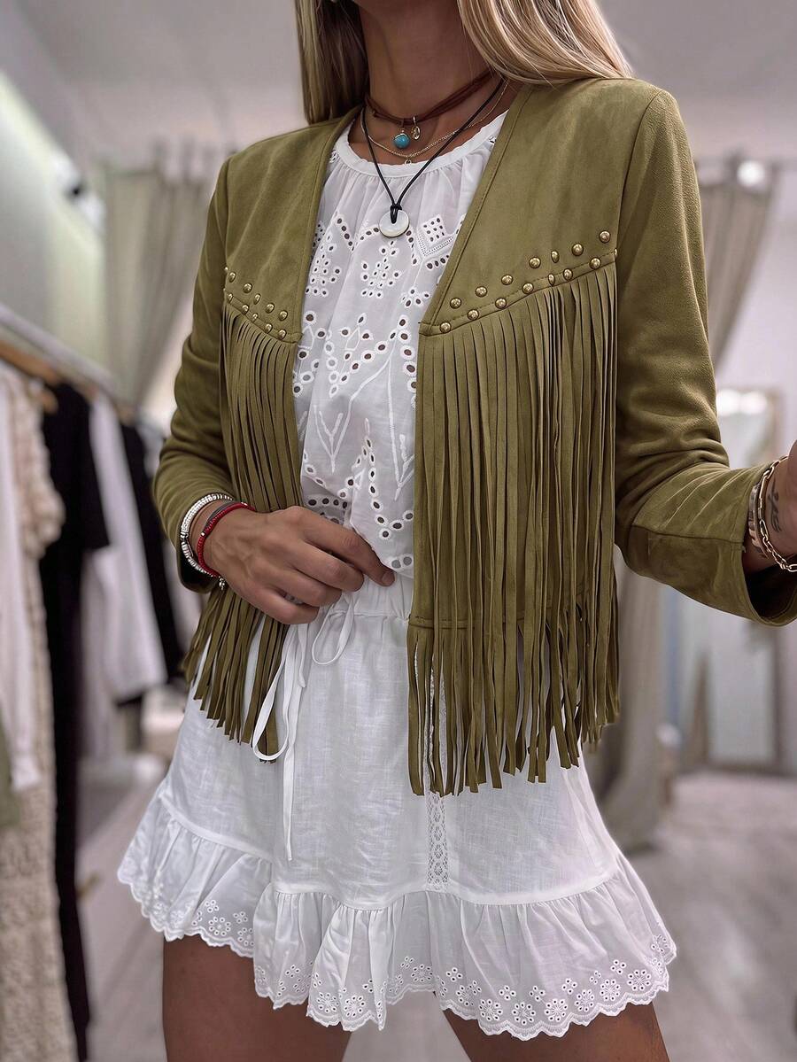 Evangeline Fringe Trim Open Front Crop Jacket - Mocha Brown