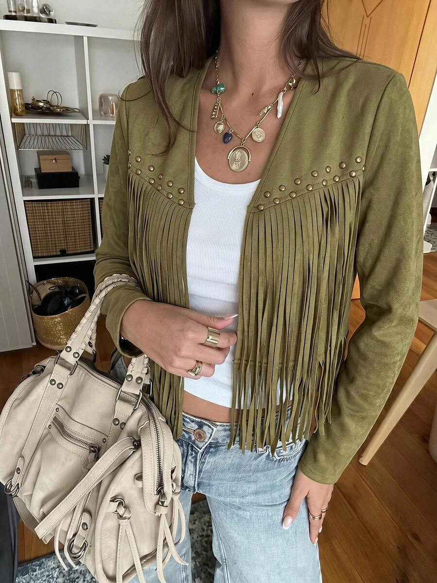 Evangeline Fringe Trim Open Front Crop Jacket - Green
