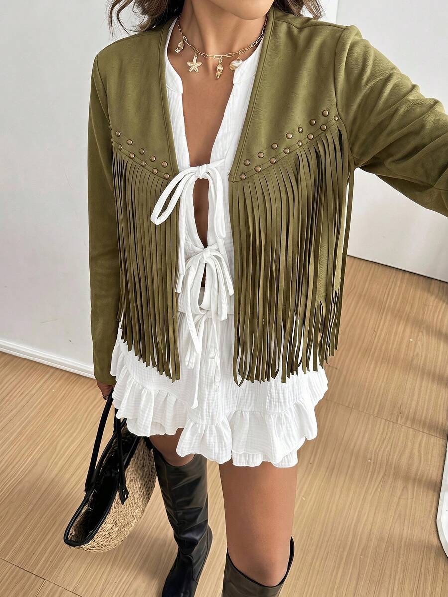 Evangeline Fringe Trim Open Front Crop Jacket - Pink