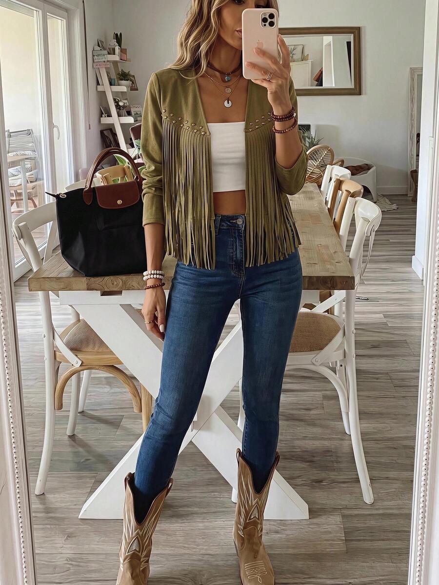 Evangeline Fringe Trim Open Front Crop Jacket - Blue
