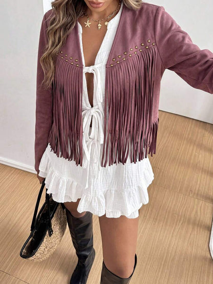 Evangeline Fringe Trim Open Front Crop Jacket - Mocha Brown