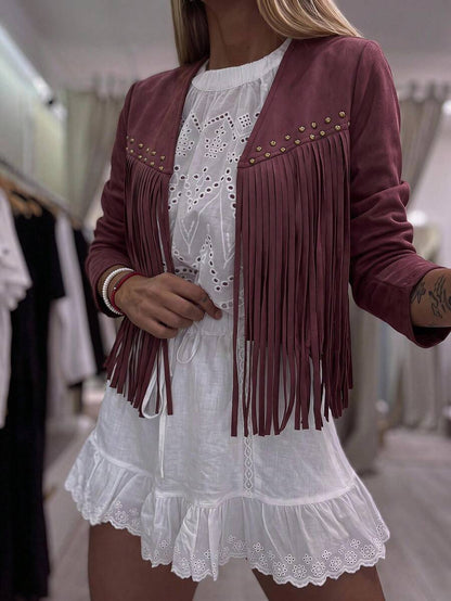 Evangeline Fringe Trim Open Front Crop Jacket - Green
