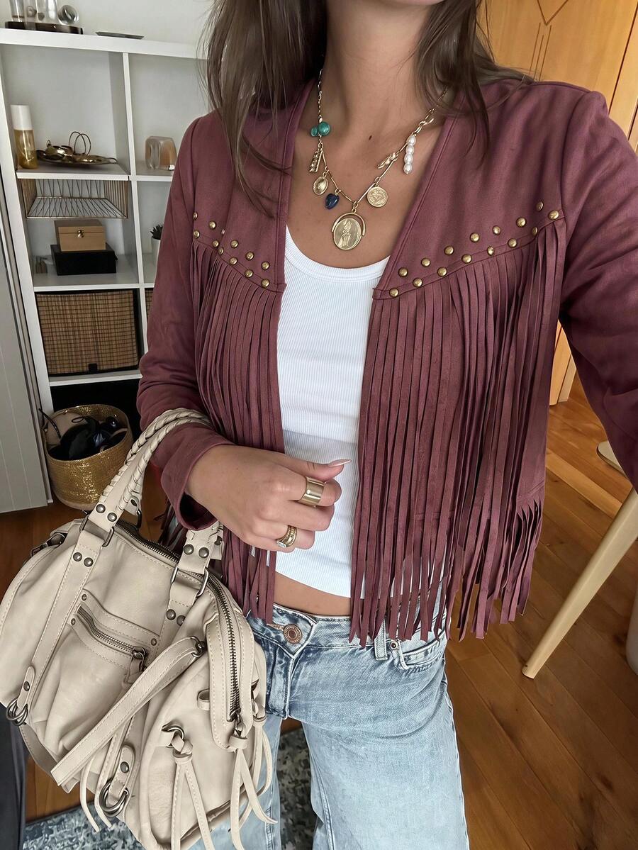 Evangeline Fringe Trim Open Front Crop Jacket - Khaki