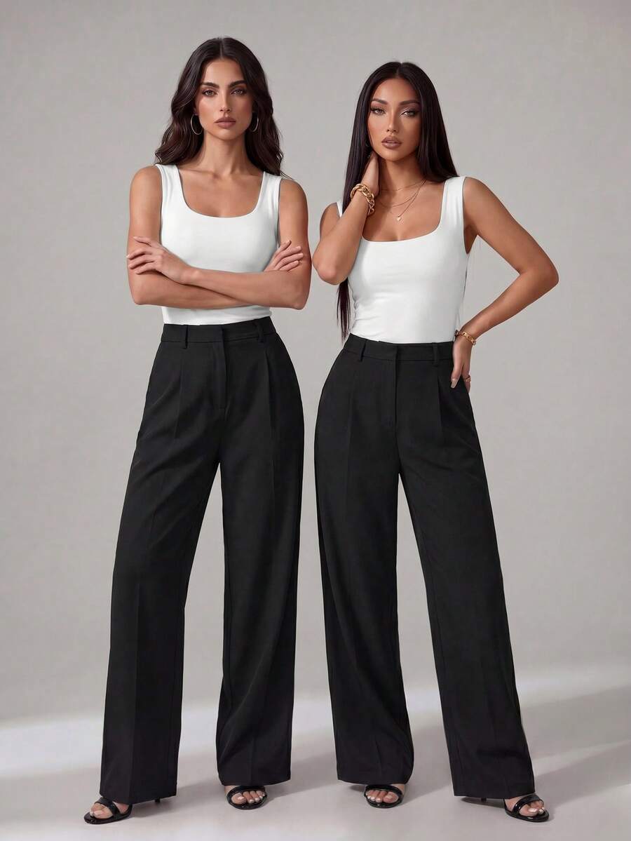 Isla High Waisted Wide Leg Pants with Pleated Front - Black