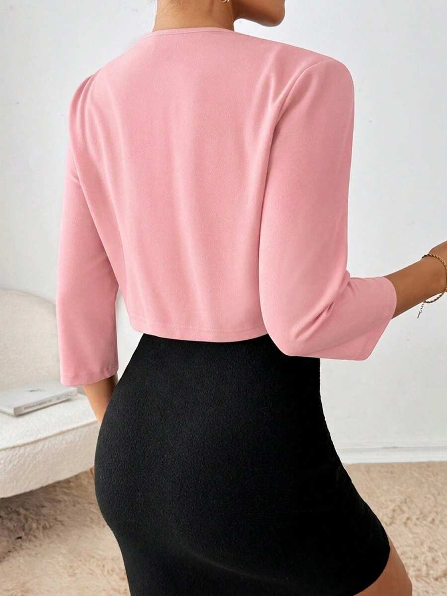 Philomena Pleated Neckline Open Front Cropped Knit Blazer - Light Pink