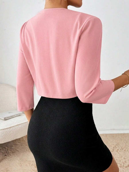 Philomena Pleated Neckline Open Front Cropped Knit Blazer - Light Pink