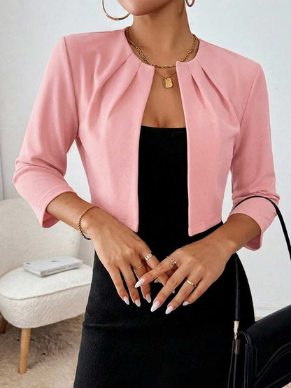 Philomena Pleated Neckline Open Front Cropped Knit Blazer - Light Pink