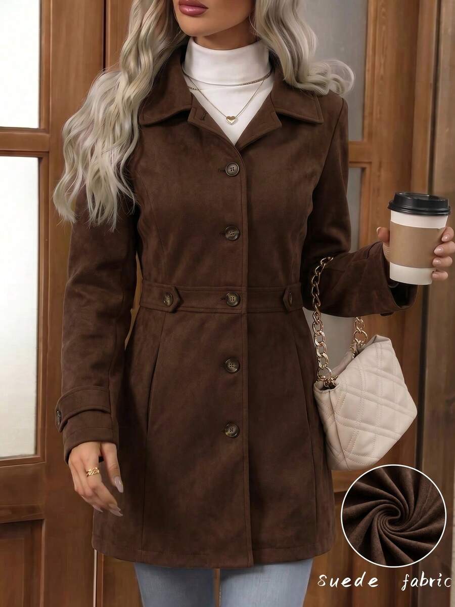 Juliana Single-Breasted Collared Coat with Button Front and Pockets - Brown