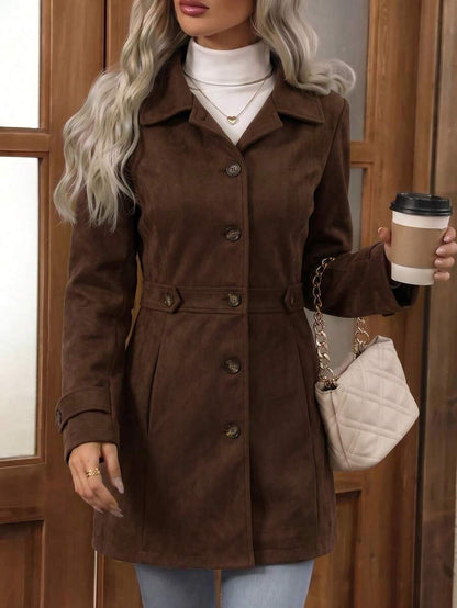 Juliana Single-Breasted Collared Coat with Button Front and Pockets - Red
