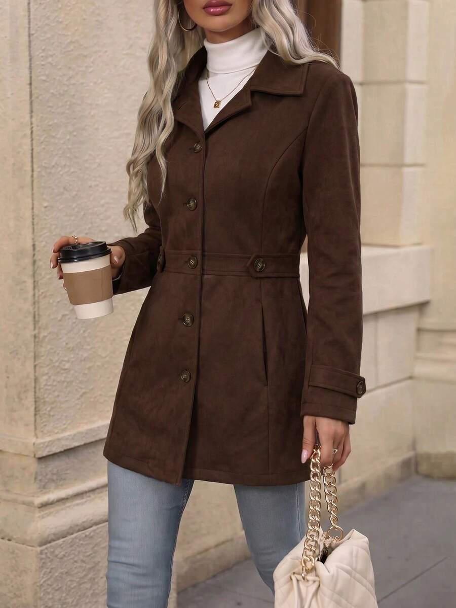 Juliana Single-Breasted Collared Coat with Button Front and Pockets - Black