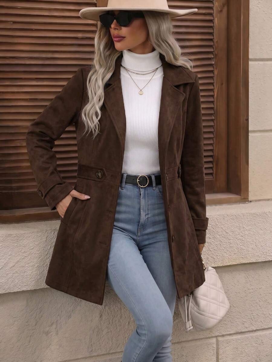 Juliana Single-Breasted Collared Coat with Button Front and Pockets - Dark Grey