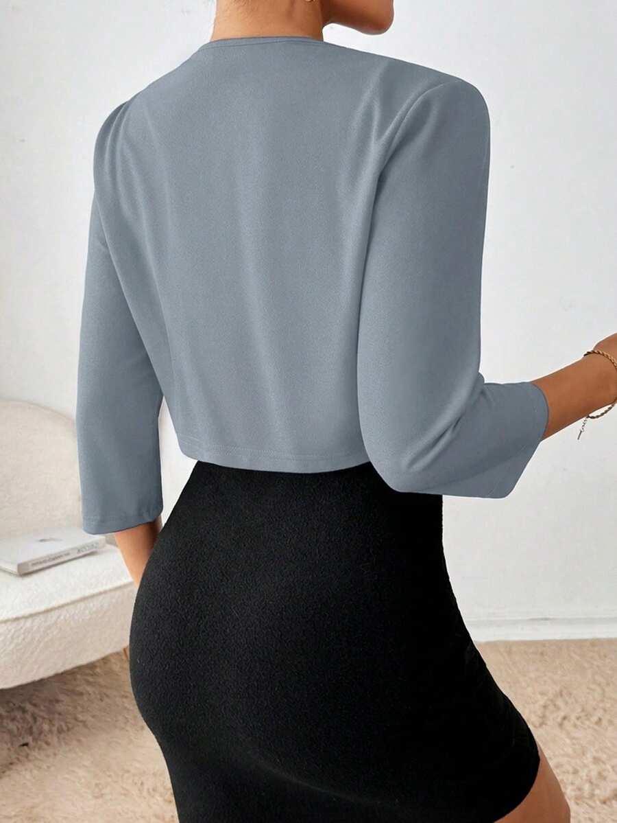 Philomena Pleated Neckline Open Front Cropped Knit Blazer - Blue Grey