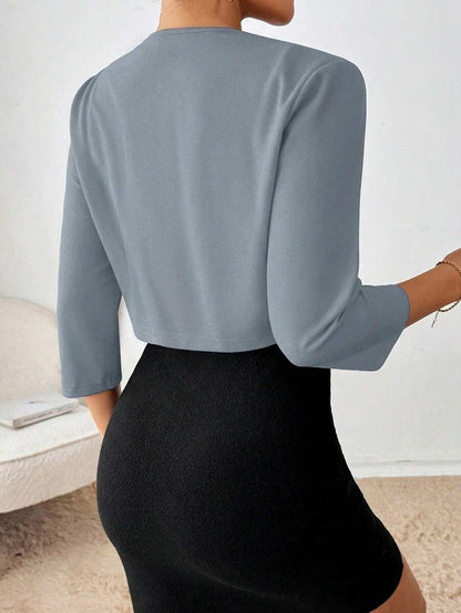 Philomena Pleated Neckline Open Front Cropped Knit Blazer - Blue Grey