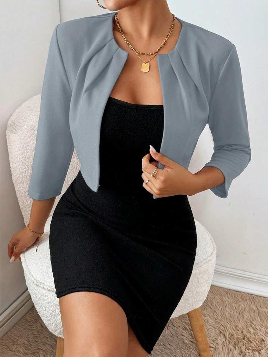 Philomena Pleated Neckline Open Front Cropped Knit Blazer - Blue Grey