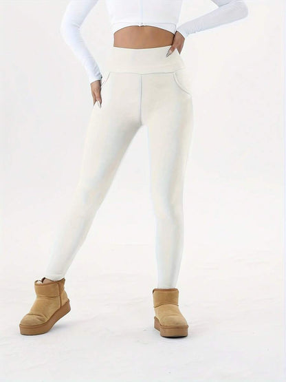 Isolde High Waist Brushed Thermal Leggings with Pockets - Cream