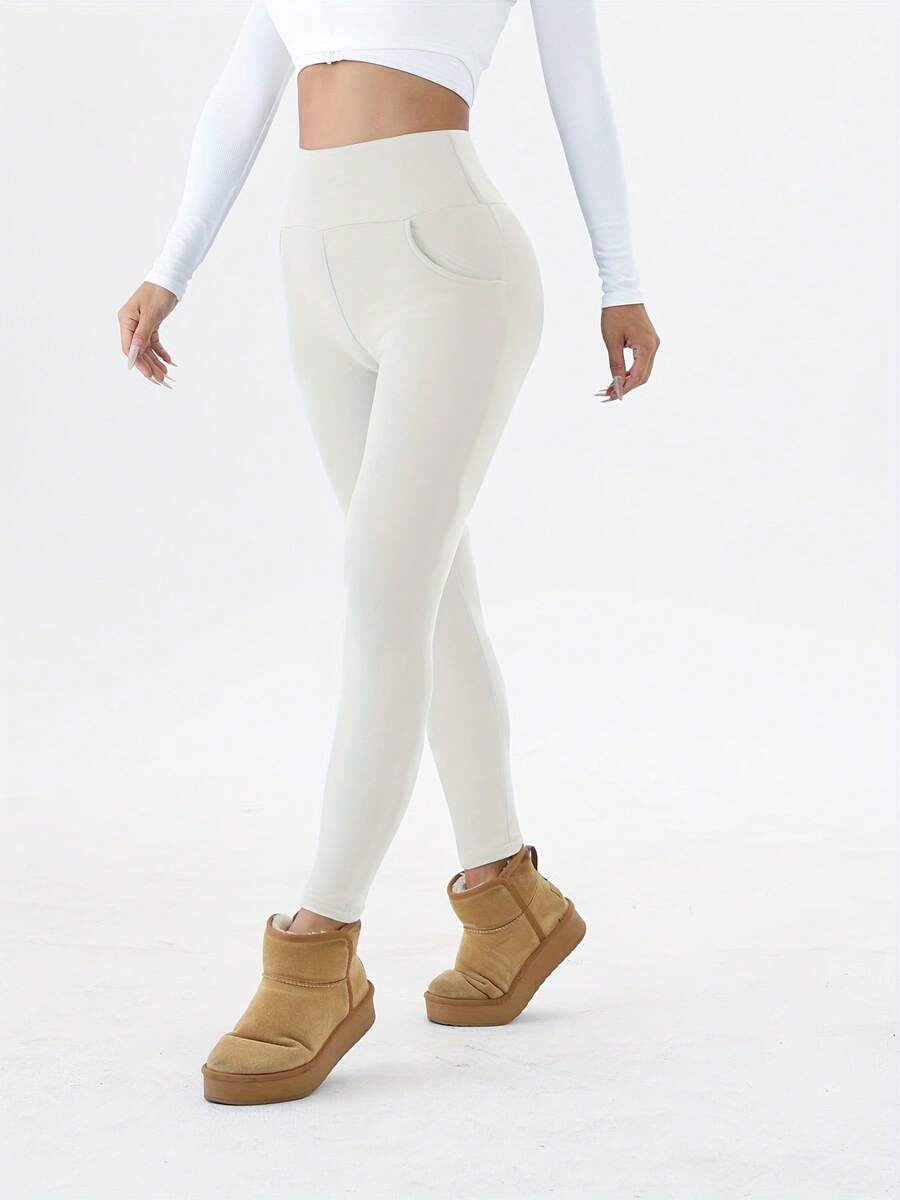 Isolde High Waist Brushed Thermal Leggings with Pockets - Cream