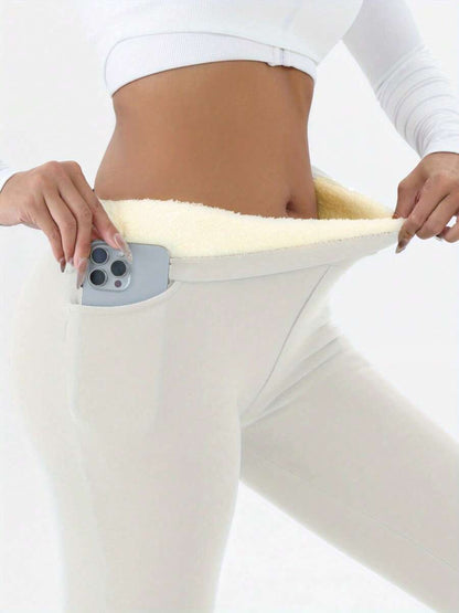 Isolde High Waist Brushed Thermal Leggings with Pockets - Cream