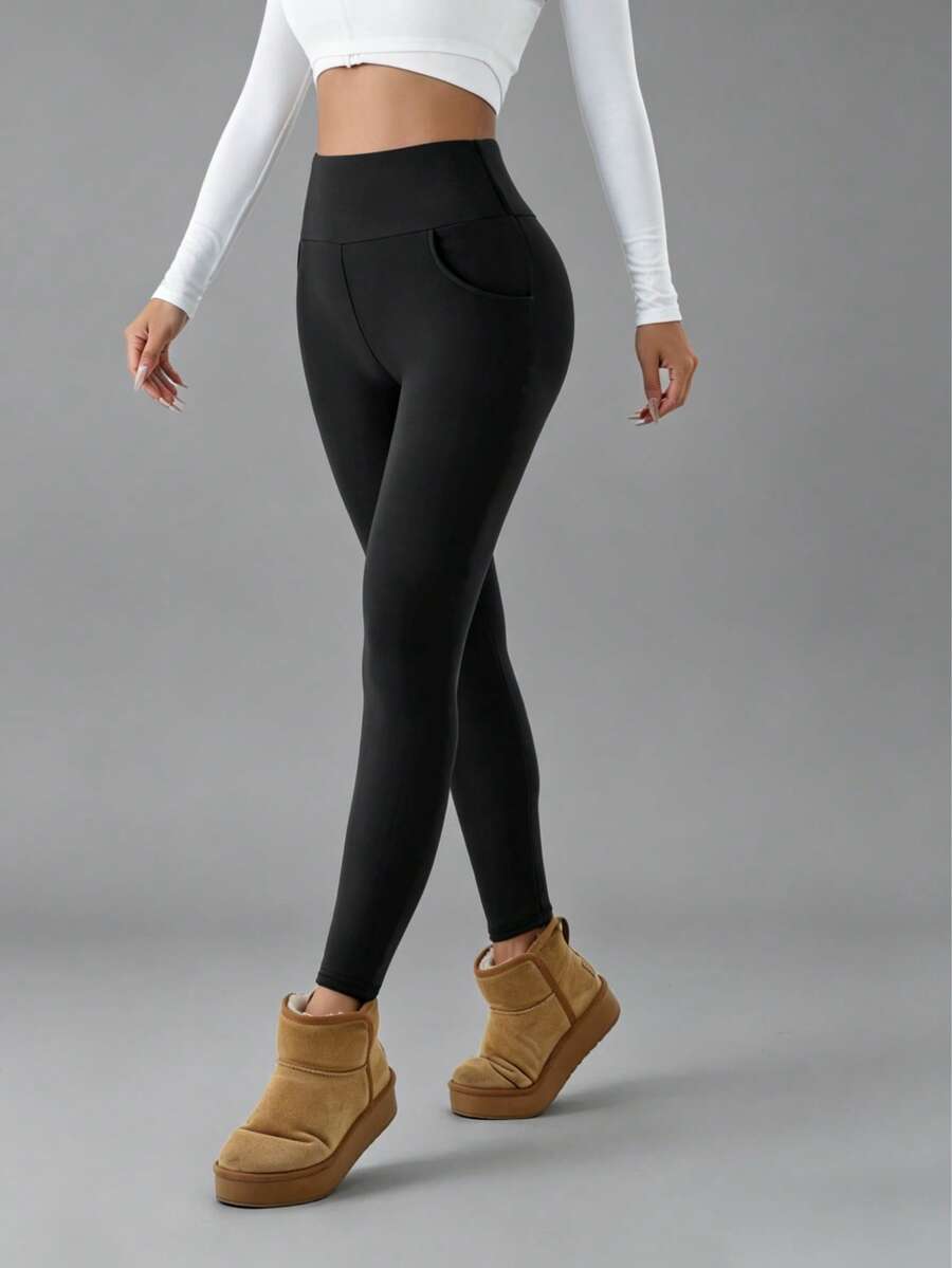 Isolde High Waist Brushed Thermal Leggings with Pockets - Black