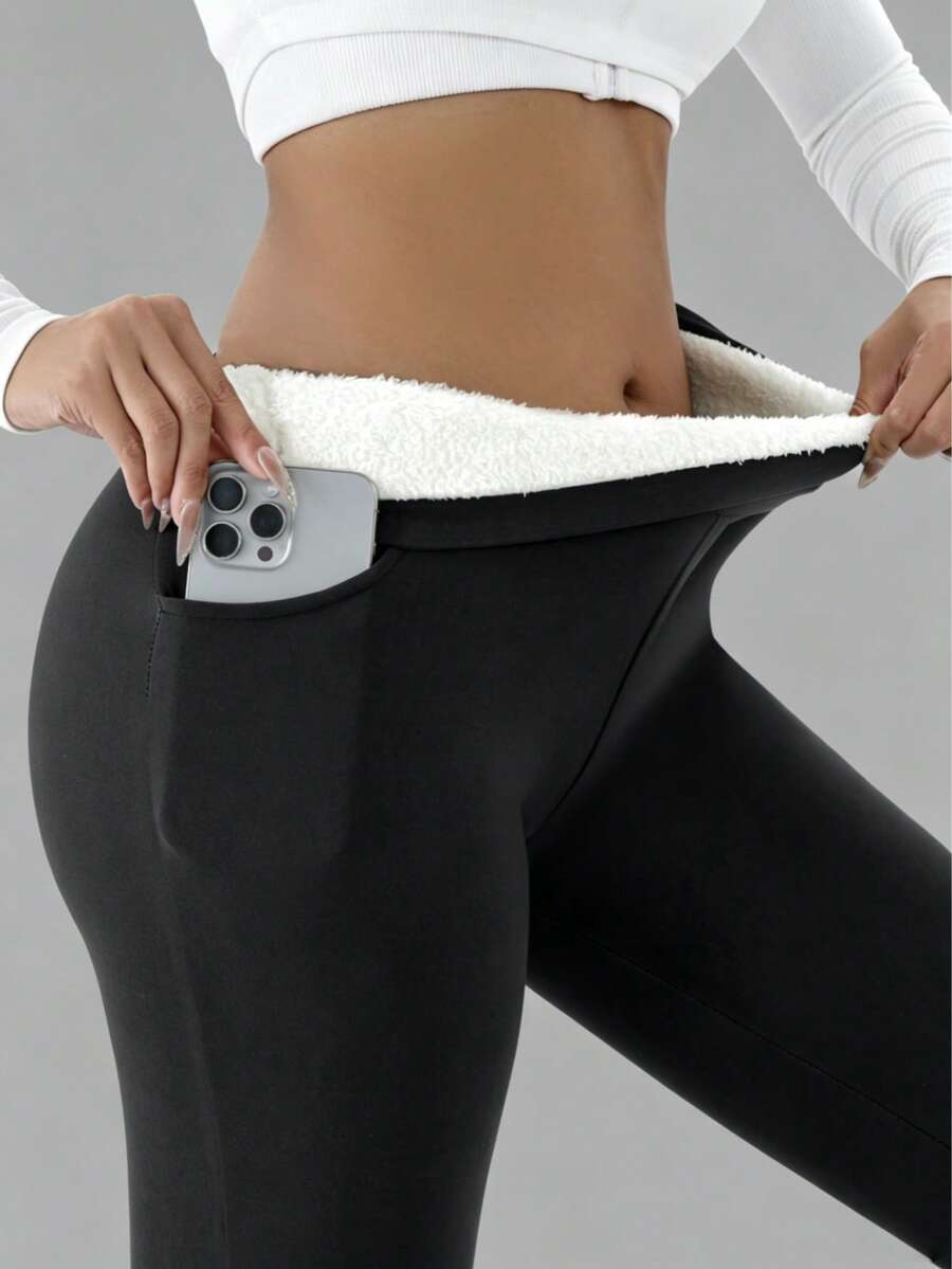Isolde High Waist Brushed Thermal Leggings with Pockets - Black