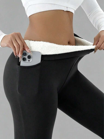 Isolde High Waist Brushed Thermal Leggings with Pockets - Black
