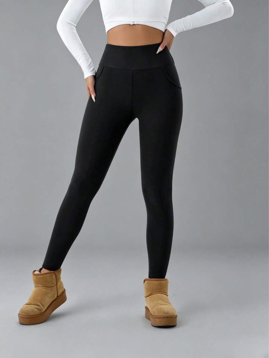 Isolde High Waist Brushed Thermal Leggings with Pockets - Black