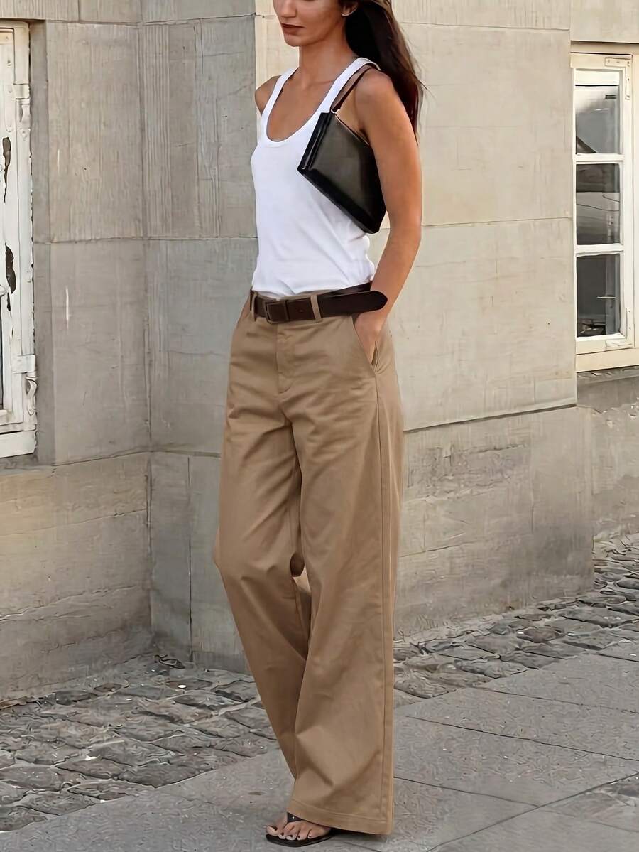 Belsize Loose Wide Leg Pants with Pockets - Light Brown