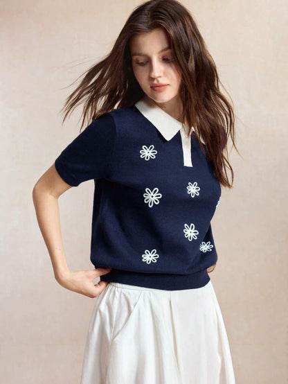 Nadia Navy Blue Polo Collar Diamond Crochet Short Sleeve Sweater - Navy Blue