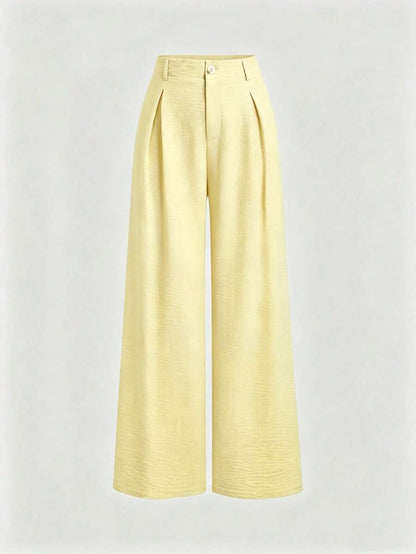 Katya Pleated Wide Leg Pants Tailored High Rise Trousers - Butter Yellow