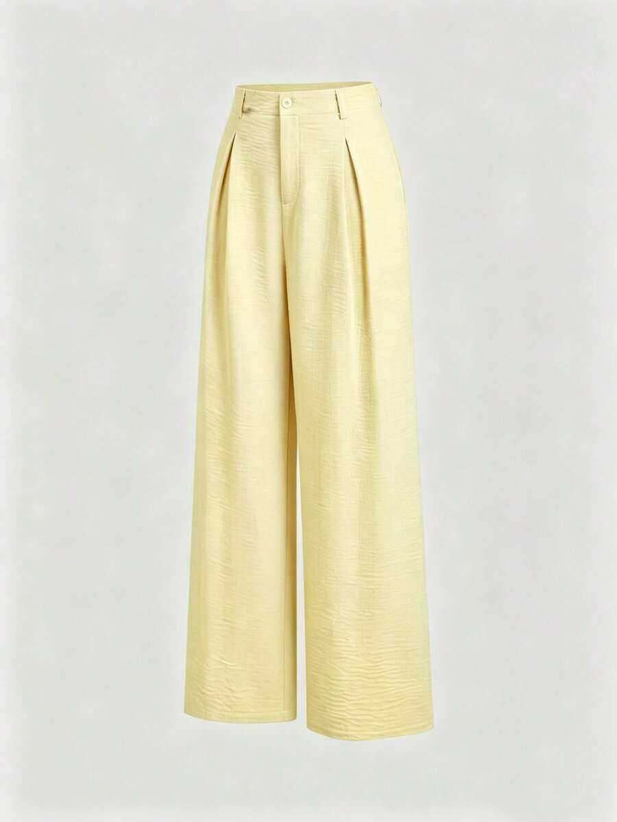 Katya Pleated Wide Leg Pants Tailored High Rise Trousers - Butter Yellow