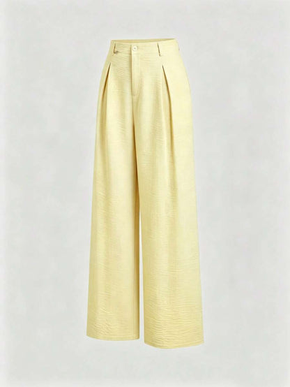 Katya Pleated Wide Leg Pants Tailored High Rise Trousers - Butter Yellow