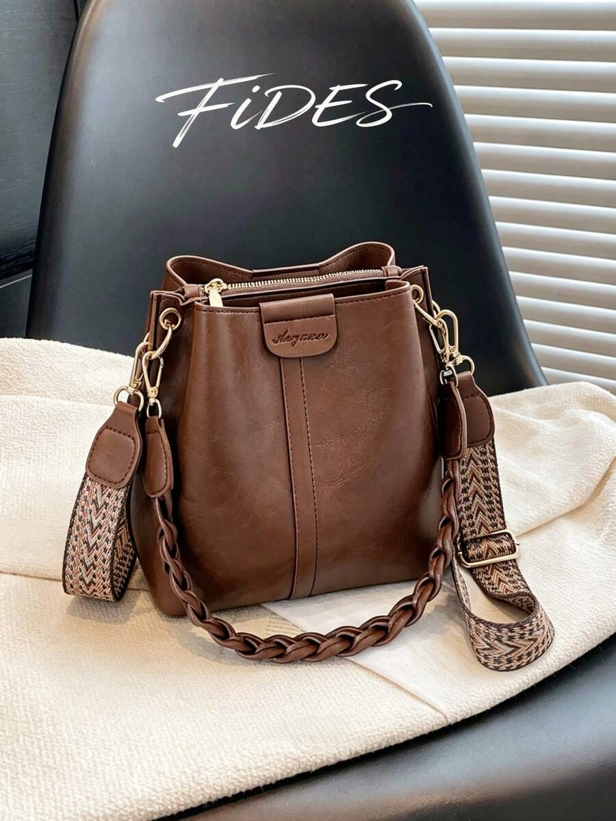 Lausanne Suede Look Bucket Bag with Wide Shoulder Strap - Coffee