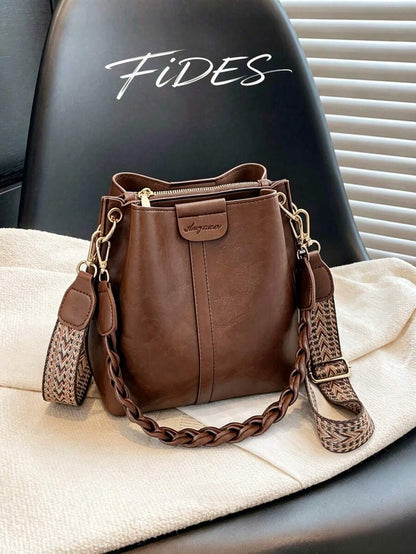 Lausanne Suede Look Bucket Bag with Wide Shoulder Strap - Coffee
